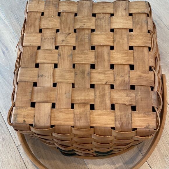 Vintage Basket Woven Wood Slat Hinged Handle Apple Design Green Accent 8.5x10” - Picture 8 of 16